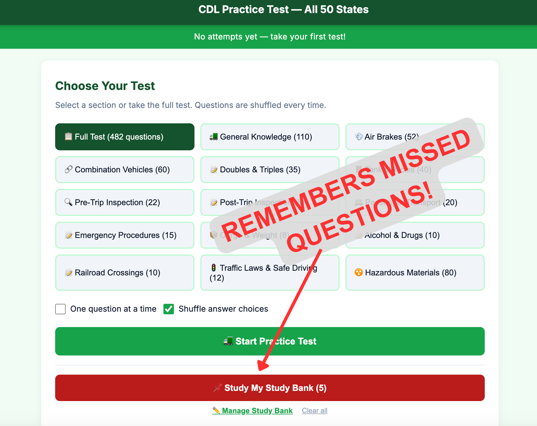 Green Light CDL Practice Test — Choose Your Test screen showing all sections and Study Bank feature